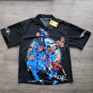 Veezo Vintage Mens Graphic Button Up Shirt Black Y2K Streetwear Retro New